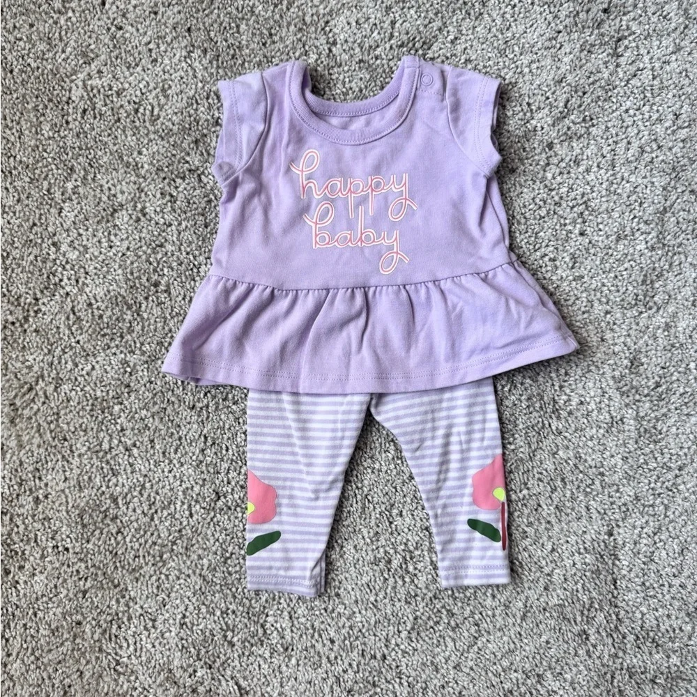 Carter’s Baby Girl “Happy Baby” Peplum Top & Floral Leggings Set – Size Newborn